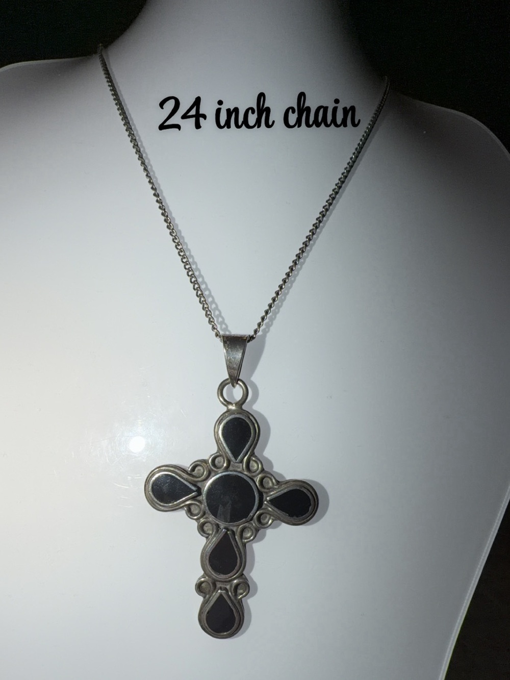 TC 136 Mexico 925 Sterling & Black Cross Pendant Necklace - 24 Inch Chain